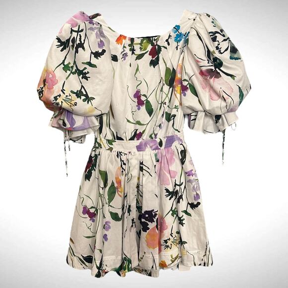 Aje Drift Puff Sleeve Cotton Mini Dress 6 AU 10 White Watercolor Garden Floral - Picture 2 of 14